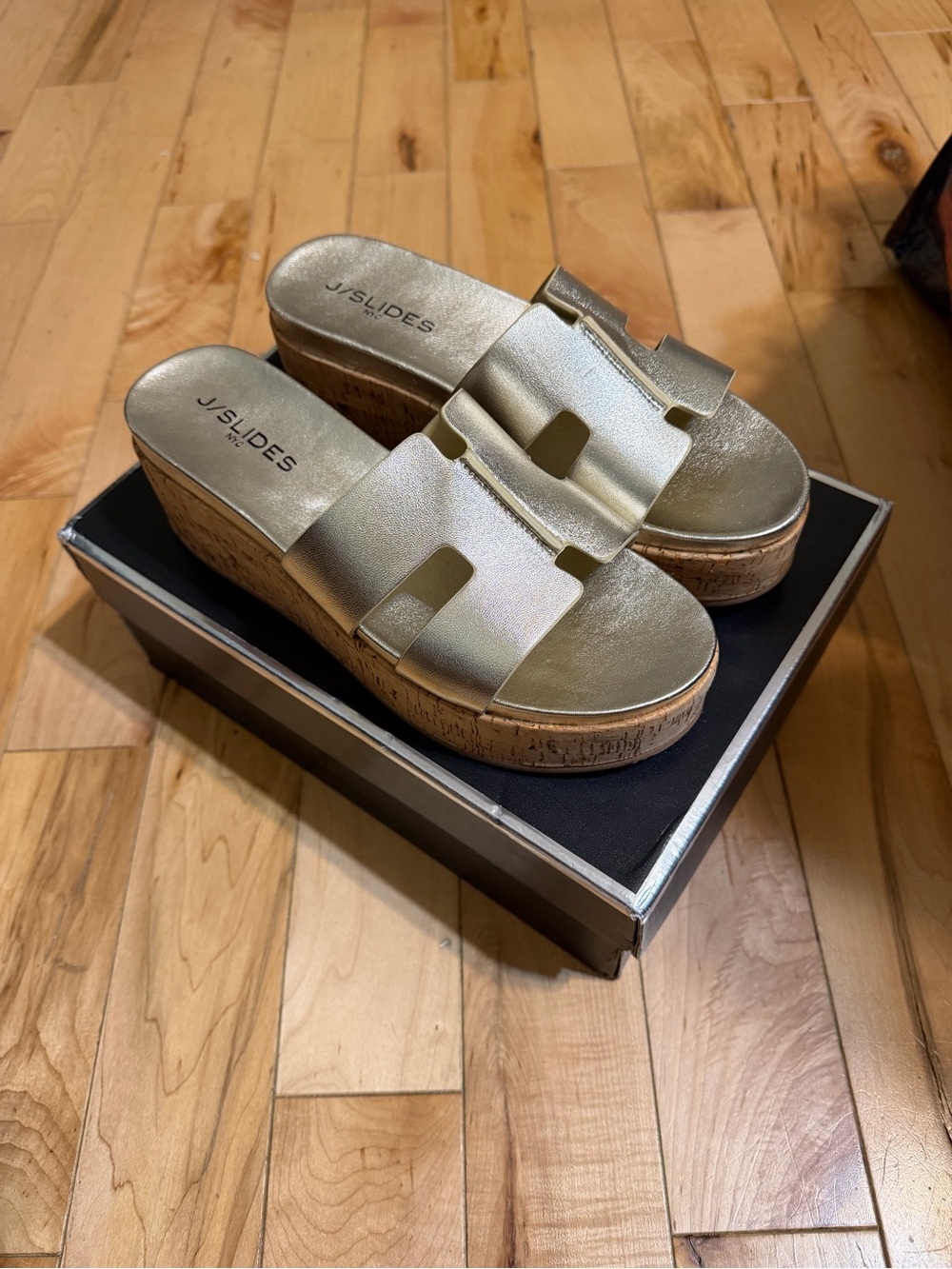 J/SLIDES Metallic Gold Cork Platform Slide Sandals